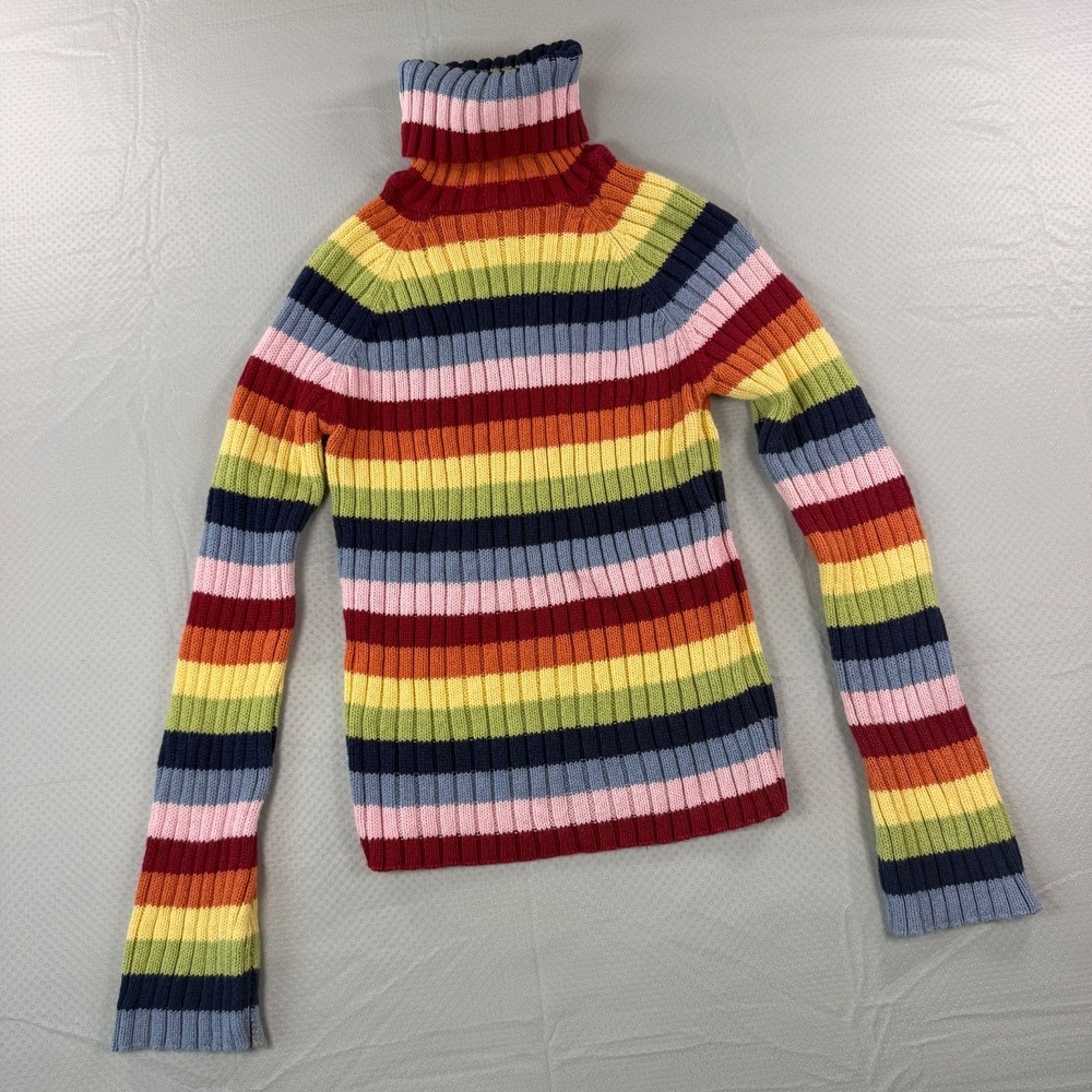 Vintage Next Era Rainbow Striped Ribbed Turtleneck Sweater Womens Medium Y2K 90s